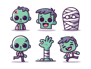 Cute Cartoon Zombie Character Set for Halloween and Funny Horror Design