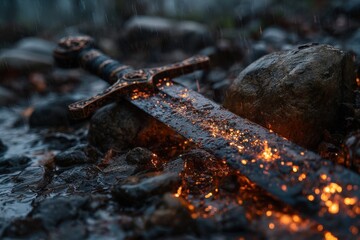 Sword surrounded by glowing embers in a rainstorm on rocky ground at dusk