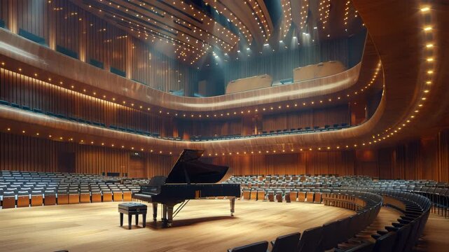 Stunning concert hall with grand piano set for a performance in a modern music venue