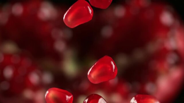 Pomegranate Seeds Falling in Slow Motion: A Close-Up of Juicy Red Arils