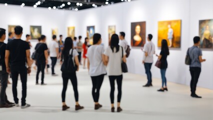 Obraz premium 現代アートギャラリーや美術館で絵画を鑑賞する人々の群衆（ぼかし効果あり）