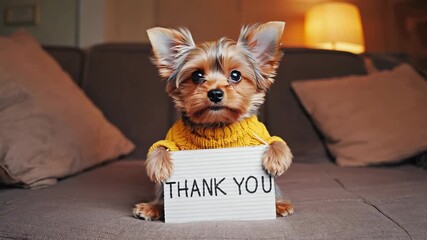 cute Yorkshire terrier dog holding board with text thank you - Powered by Adobe