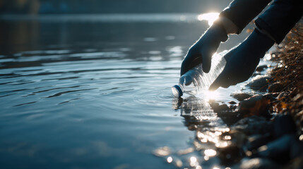 Person removing plastic bottle from lake/ A person's hands removing a discarded plastic bottle from a lake. Environmental protection concept for Earth Day, promoting nature conservation.