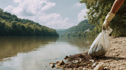 Cleaning up the river on Earth Day. A person collecting trash from a riverbank, highlighting the importance of environmental conservation and saving our planet.