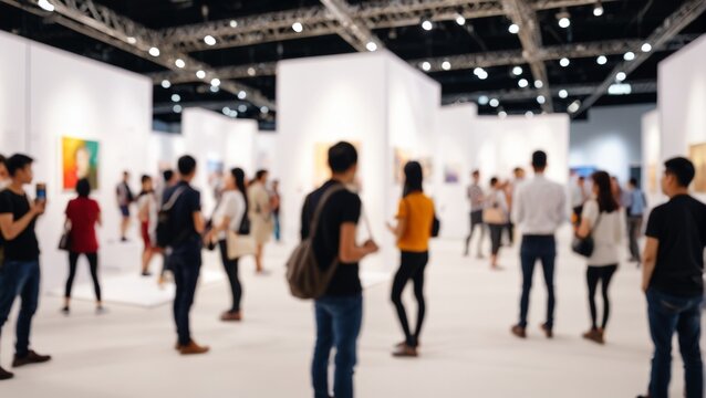 現代アートギャラリーや美術館で絵画を鑑賞する人々の群衆（ぼかし効果あり）
