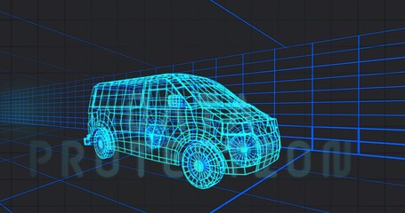 Displaying wireframe van model rotating in digital studio, highlighting grid floor and wall planes