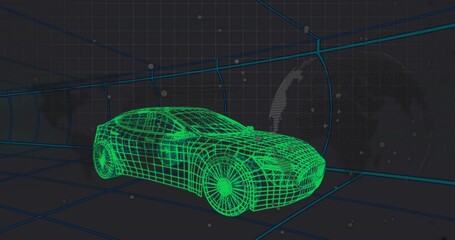 Naklejka premium Cruising neon green wireframe car through virtual grid tunnel, with wireframe globe and data nodes