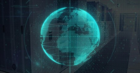 Floating cyan holographic globe hovering in data center corridor, with server racks LED indicators