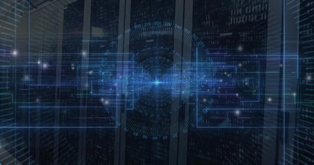Displaying holographic interface projecting binary code in data center, with server racks