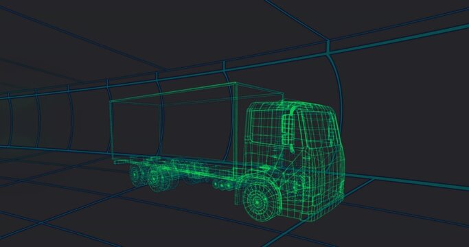 Fototapeta Showing green wireframe semi-truck gliding through blue grid tunnel with floor panels and walls