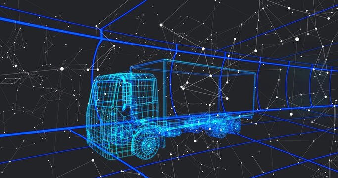Fototapeta Displaying wireframe semi-truck model floating digital design space, with network nodes, grid lines