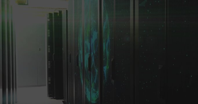 Lining tall black server cabinets along narrow data center corridor, with glowing LED patterns