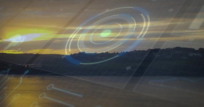 Displaying translucent circular HUD graphic overlaying sunset lake, with golden water reflections