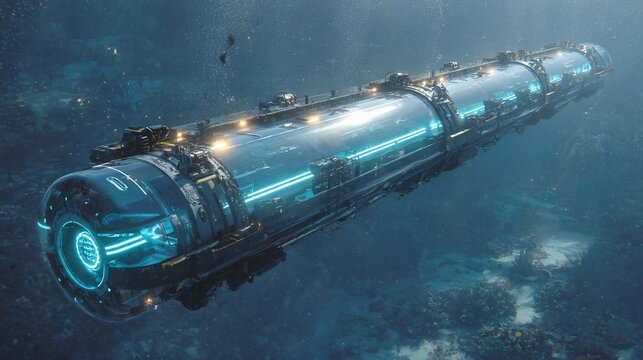 Futuristic underwater research vessel explores vibrant coral reef ecosystem, showcasing advanced exploration technology and scientific discovery in deep sea.