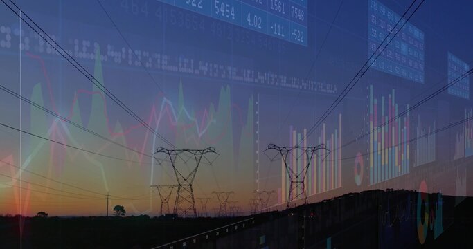 Displaying towers and power lines stretching rural plain at dusk, with financial chart overlays