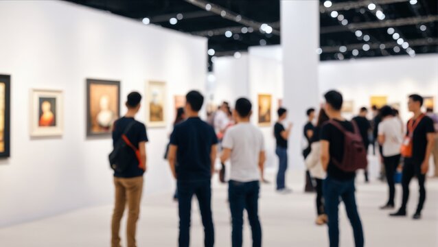 現代アートギャラリーや美術館で絵画を鑑賞する人々の群衆（ぼかし効果あり）