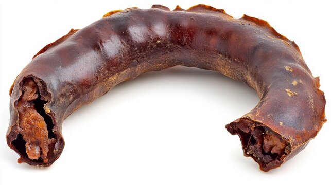 The tamarind pod of Tamarindus indica is captured in a detailed closeup with its pulp and fruit texture on display against a white background in a tropical fruit photography setting