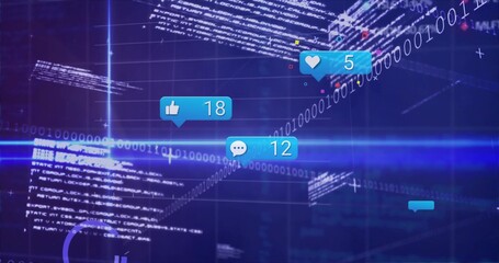 Showing social media notification icons floating on virtual interface with code text binary streams