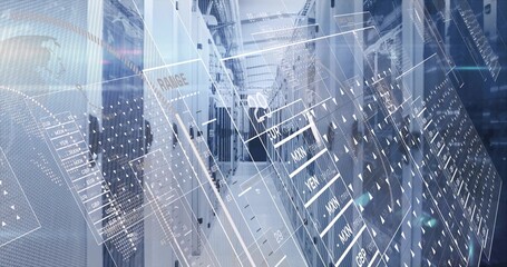 Displaying server racks featuring LEDs and cables in data center corridor, showing digital overlay