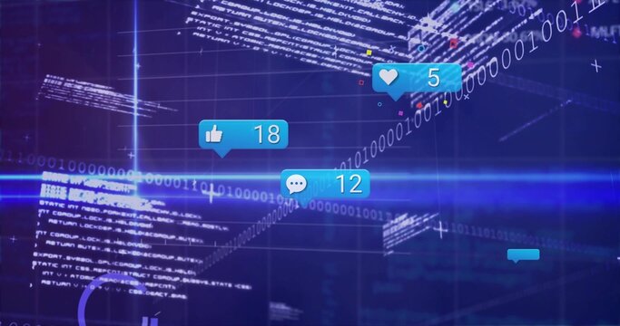 Showing social media notification icons floating on virtual interface with code text binary streams