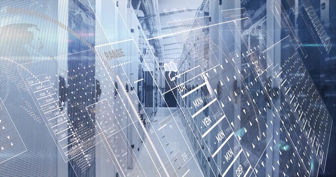 Displaying server racks featuring LEDs and cables in data center corridor, showing digital overlay