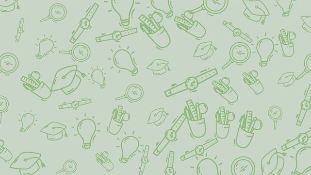 Seamless pattern with hand drawn line icons of education and learning items such as books, graduation caps, pencils, and light bulbs. Monochrome green outline design ideal for school or academic theme