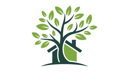 Obraz premium Green house and tree logo symbolizing nature and home