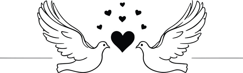 Love and Peace Silhouette Vector Featuring Symmetrical Doves, Central Heart, Scattered Hearts, and Line Accent in Black Art