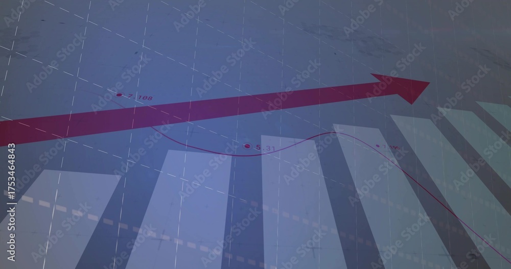Wall mural displaying dynamic red arrow trending upward on virtual dashboard, with bar columns and grid lines