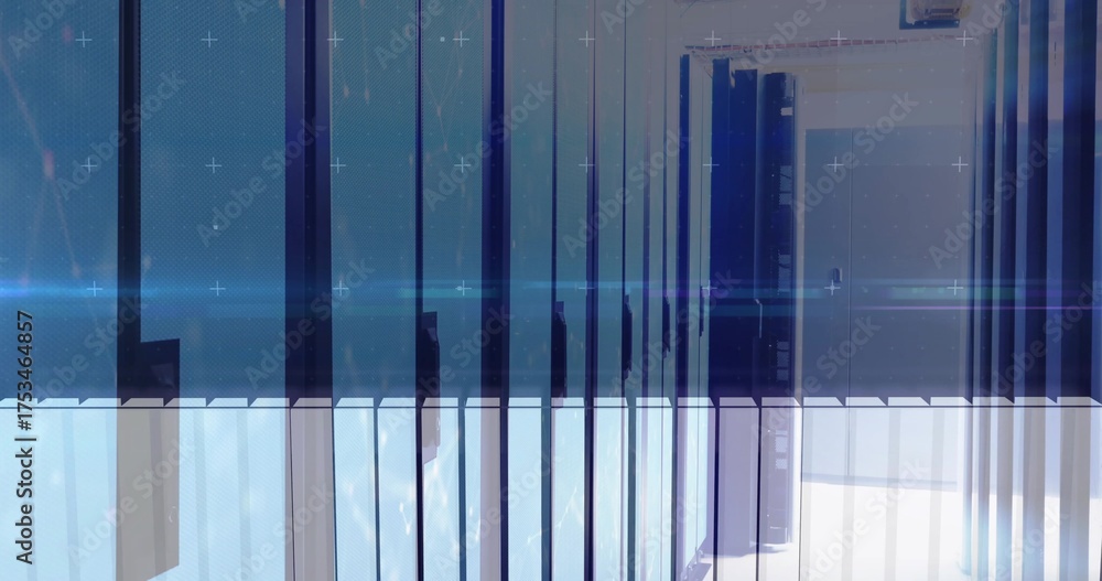 Wall mural displaying abstract glitch pattern on digital screen overlay, with pixel noise and light streak
