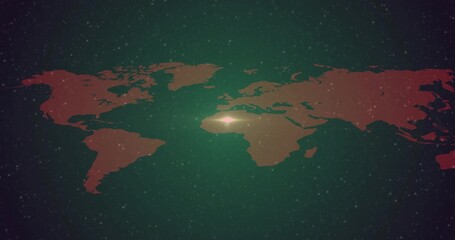 Displaying stylized red world map glowing over Mediterranean and North Africa in starry backdrop