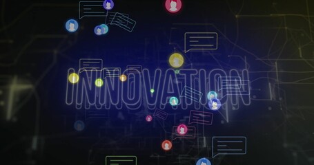 Featuring glowing INNOVATION word pulsing on neon network diagram, linking avatars and chat bubbles