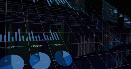 Dashboard spanning width in dark virtual space, with 3D wireframe grid, bar, line, pie charts