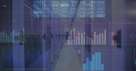 Extending server aisle lined with glass cabinets patch cables in data center, with floating overlay