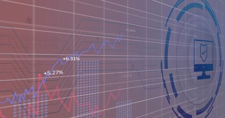 Displaying circular monitor icon on dashboard with grid lines, red and blue line charts, copy space