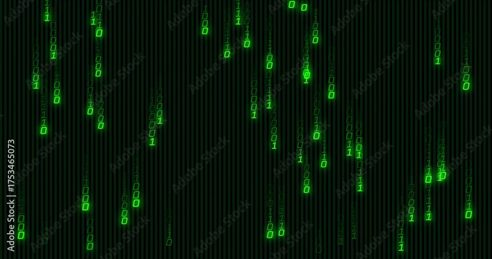 Wall mural streaming green binary digit streams cascading across dark grid panel, with neon code visualization