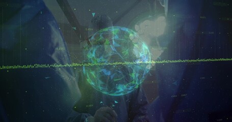 Holding microphone speaker in blazer demonstrating rotating digital sphere on stage, with waveform