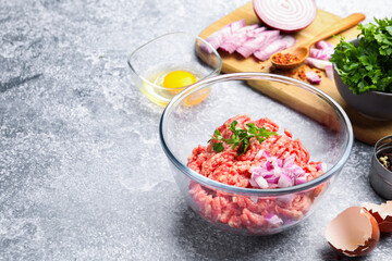 Raw minced meat with onion, parsley, spices and egg on grey table, closeup. Space for text