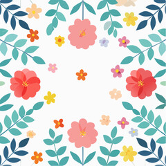 Floral Frame with Colorful Flowers and Leaves.