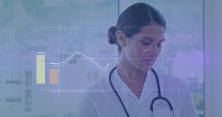 Analyzing doctor wearing lab coat, stethoscope reviewing bar and line charts at clinic, copy space