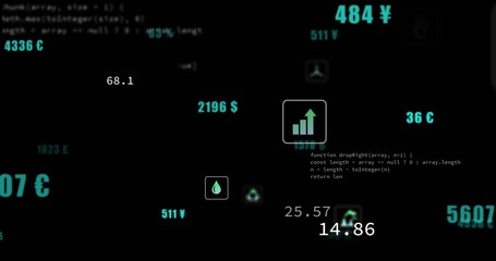 Displaying upward-arrow chart icon floating at data dashboard, with droplet and recycle symbols