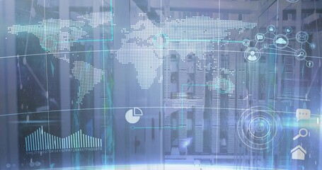 Displaying server racks projecting world map, analytics overlays and cloud icons in data center