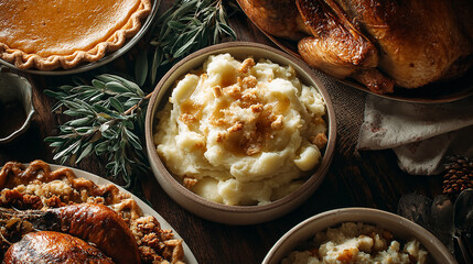 top-down Thanksgiving dinner table