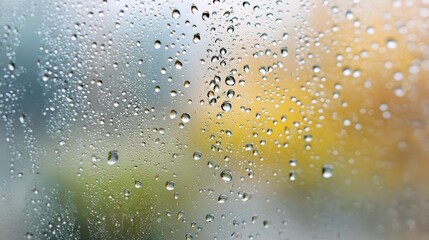 Raindrops on a Blurred Window with Autumn Colors in the Background Creating a Soft Atmosphere