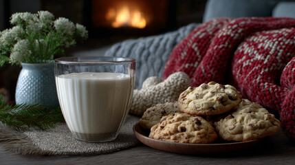 living room scene with fireplace, stockings, cookies, and milk for Santa