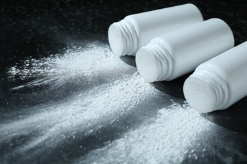 Containers with talcum powder on black table, closeup