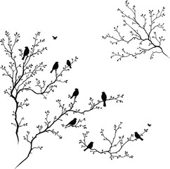 Birds on Tree Branch Silhouette Vector Featuring Delicate Leaves, Perched Birds, and Flying Shapes in Peaceful Line Art Style