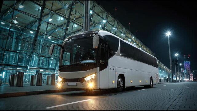A modern white touring bus is parked on a paved surface at night, with a glass-paneled building as a backdrop and a city skyline visible in the distance under bright street lighting.
