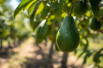 Fresh Green Avocado Hanging on Tree Branch 
