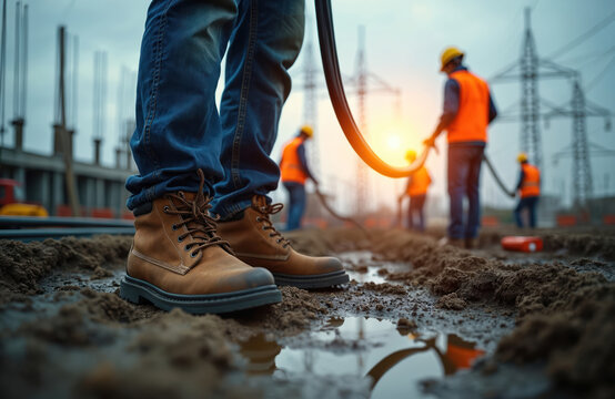 Workers wear safety boots, vests on muddy construction site. Pull heavy cables pipes for modern infrastructure. Electricians install essential power lines connecting energy grid. Represents vital